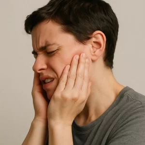 Side‑profile of a person clutching jaw and temple in visible discomfort, illustrating how wisdom teeth can cause headaches.