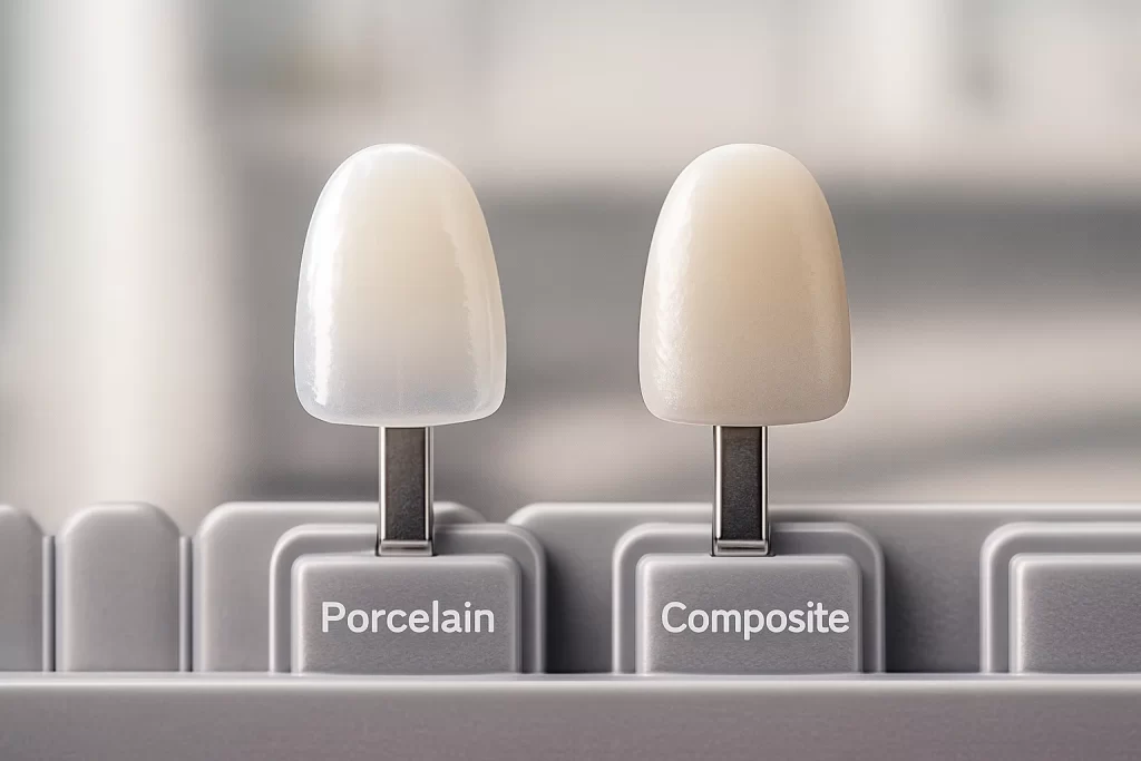 Porcelain and composite veneer samples side by side showing durability and appearance differences that influence how long veneers can last.
