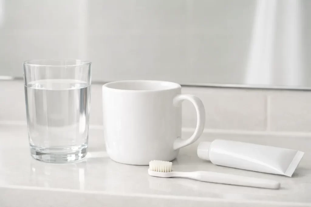 Bathroom counter with water, toothbrush and toothpaste showing simple teeth whitening aftercare routine.