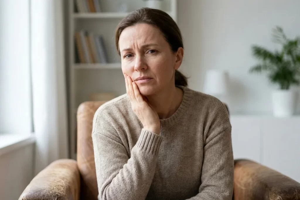 Person holding their cheek with tooth pain that may relate to a cracked or broken tooth.