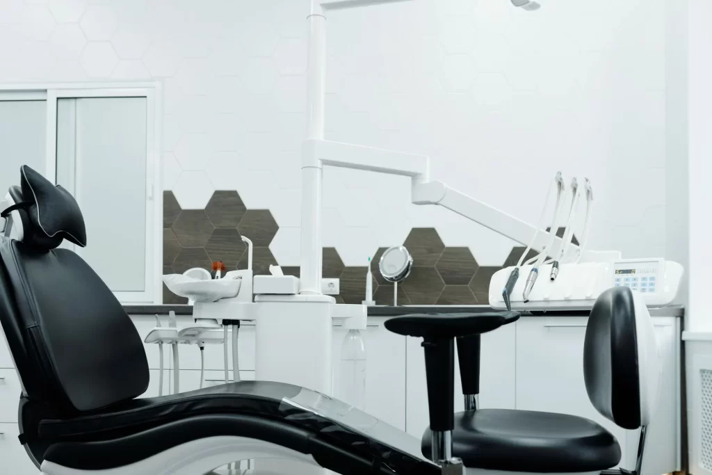 Clean dental chair and equipment for a whitening assessment.